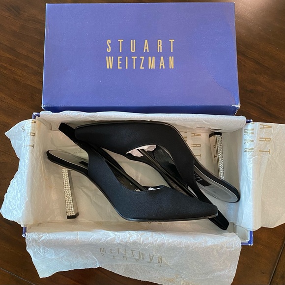 Stuart Weitzman Black Satin Slingbacks with Crystal Rhinestone Studded Heels - Picture 2 of 15